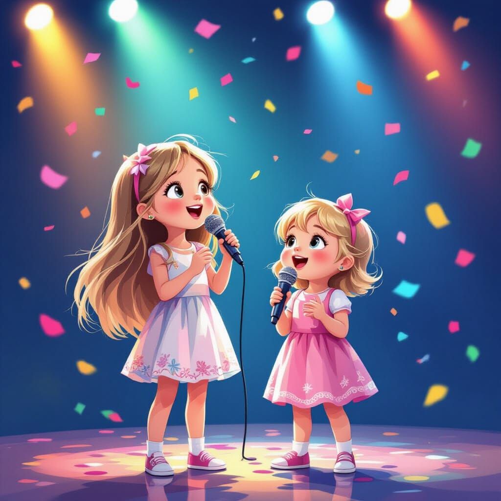 Young Girls Singing on Stage with Confetti