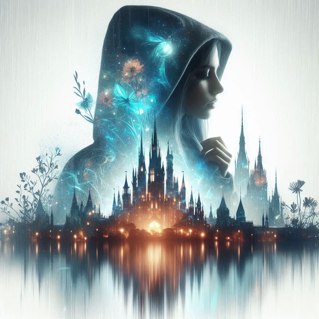 double exposure beautiful fantasy DALL-E 3 portrait landscape..