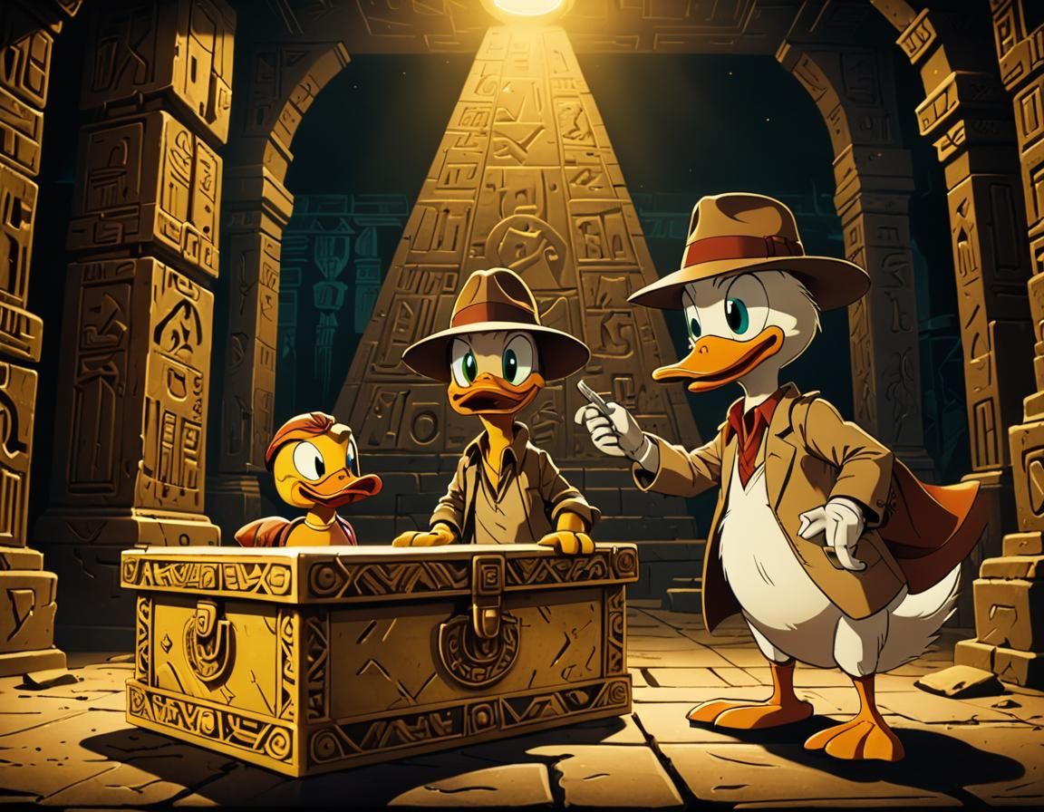 Cartoon of Duck Dodgers dressed like Indiana Jones. He is in...