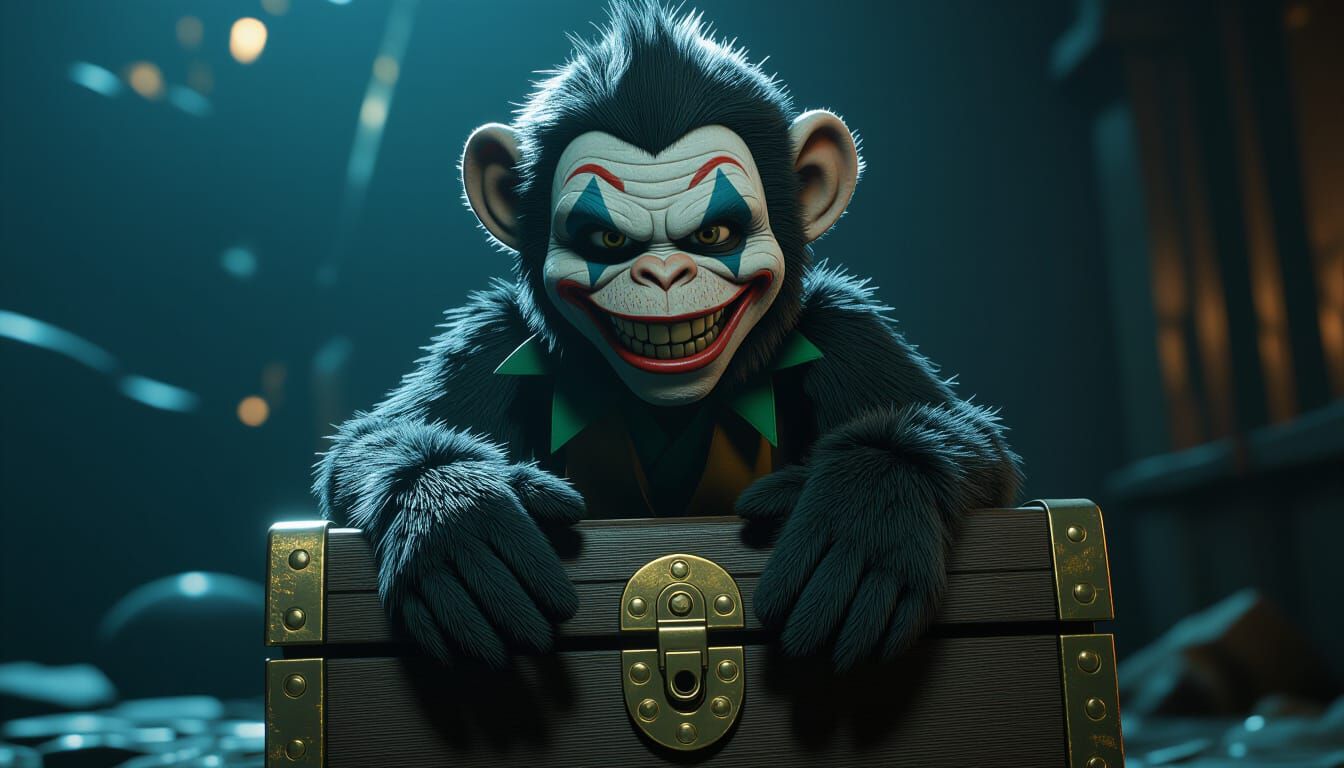 a hyper-realistic evil nasty rugged looking stuffed monkey sitting on top of a treasure chest. The moneky has a joker-like make up and has a...