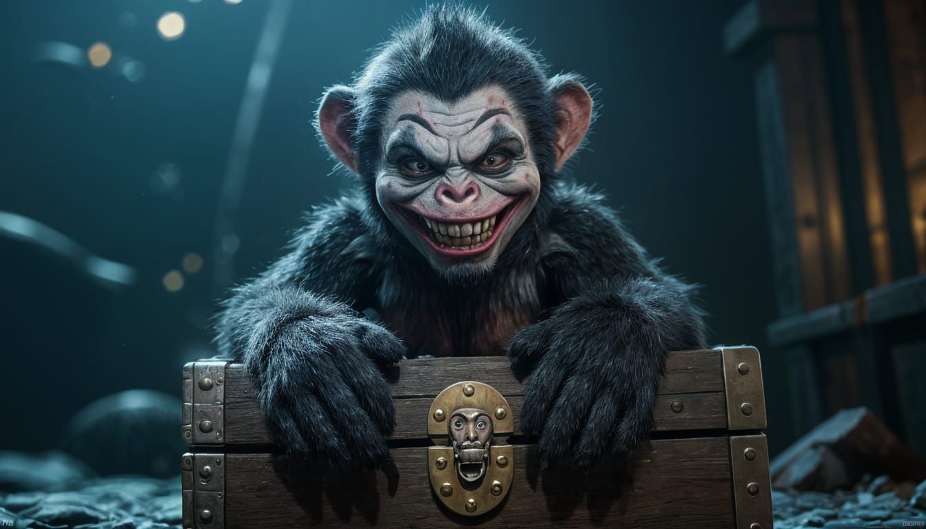 a hyper-realistic evil nasty rugged looking stuffed monkey sitting on top of a treasure chest. The moneky ...  by @christian vichi