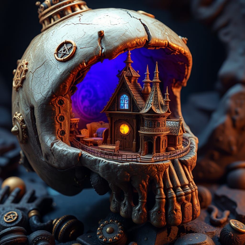 Miniature House Inside Ornate Skull, Fantasy Art