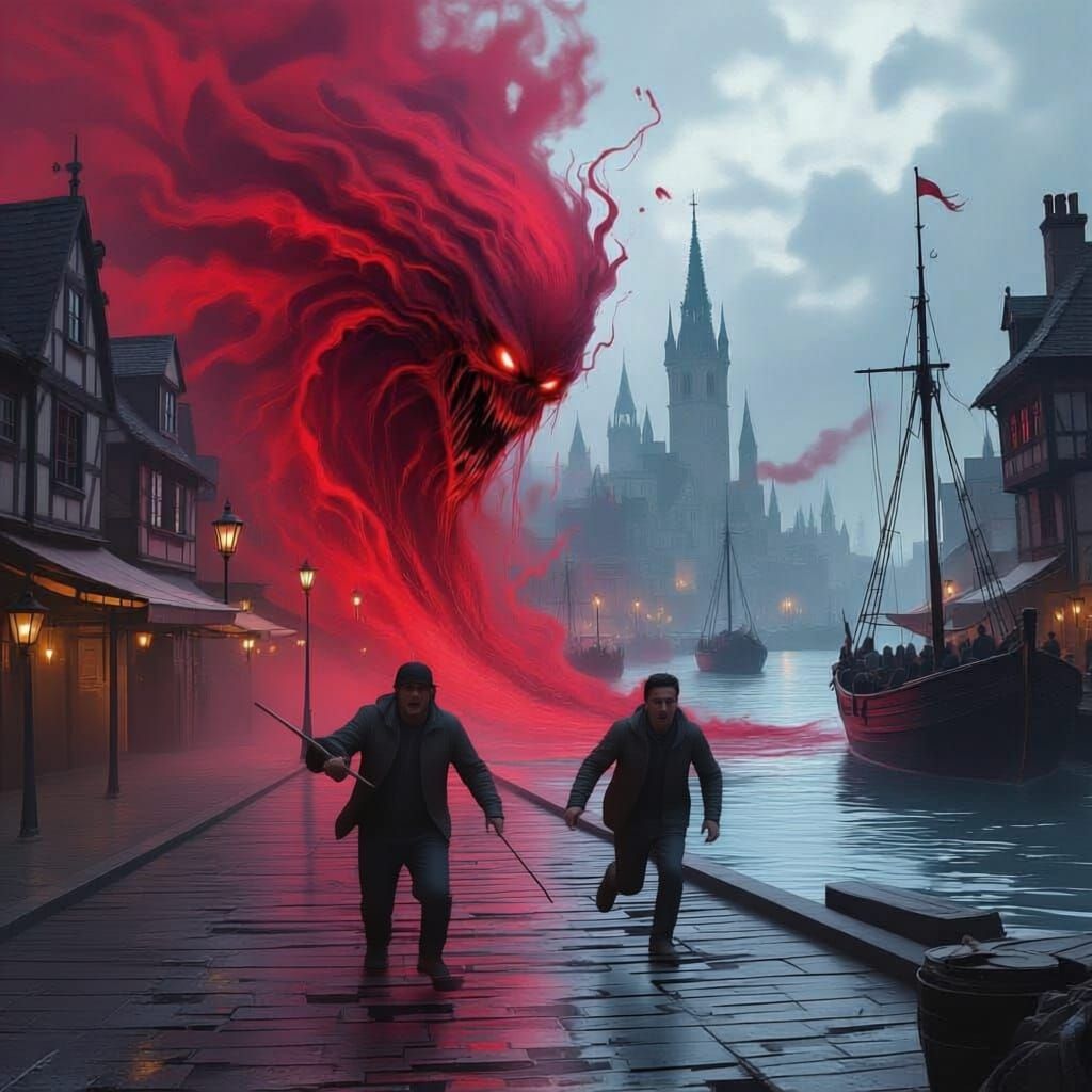 In a gothic medieval city, panic ripples through the fish market as fishermen and dockhands scramble, their weathered faces twisting in terr...