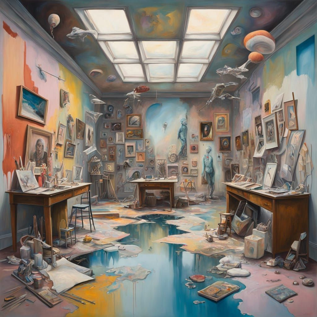 A surreal gallery filled with half-painted canvases