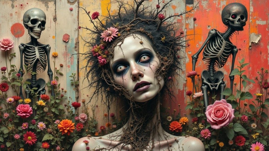 Introspective Collage of Fragmented Identities: textural layering of found papers and organic matter, juxtaposed with skeletal, stylized fig...