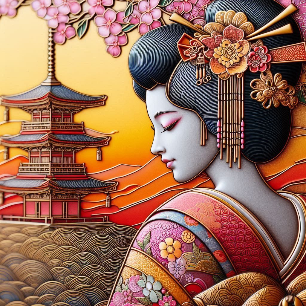 Japanese Geisha in metal wall decoration