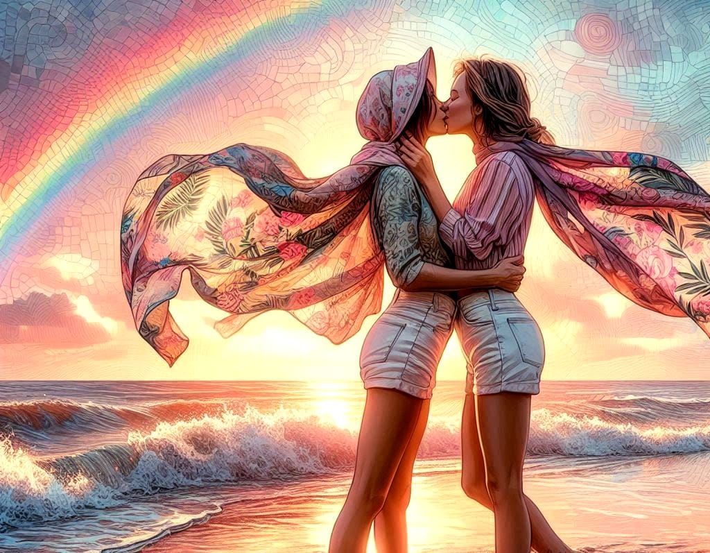 Kiss on sunset beach, mosaic