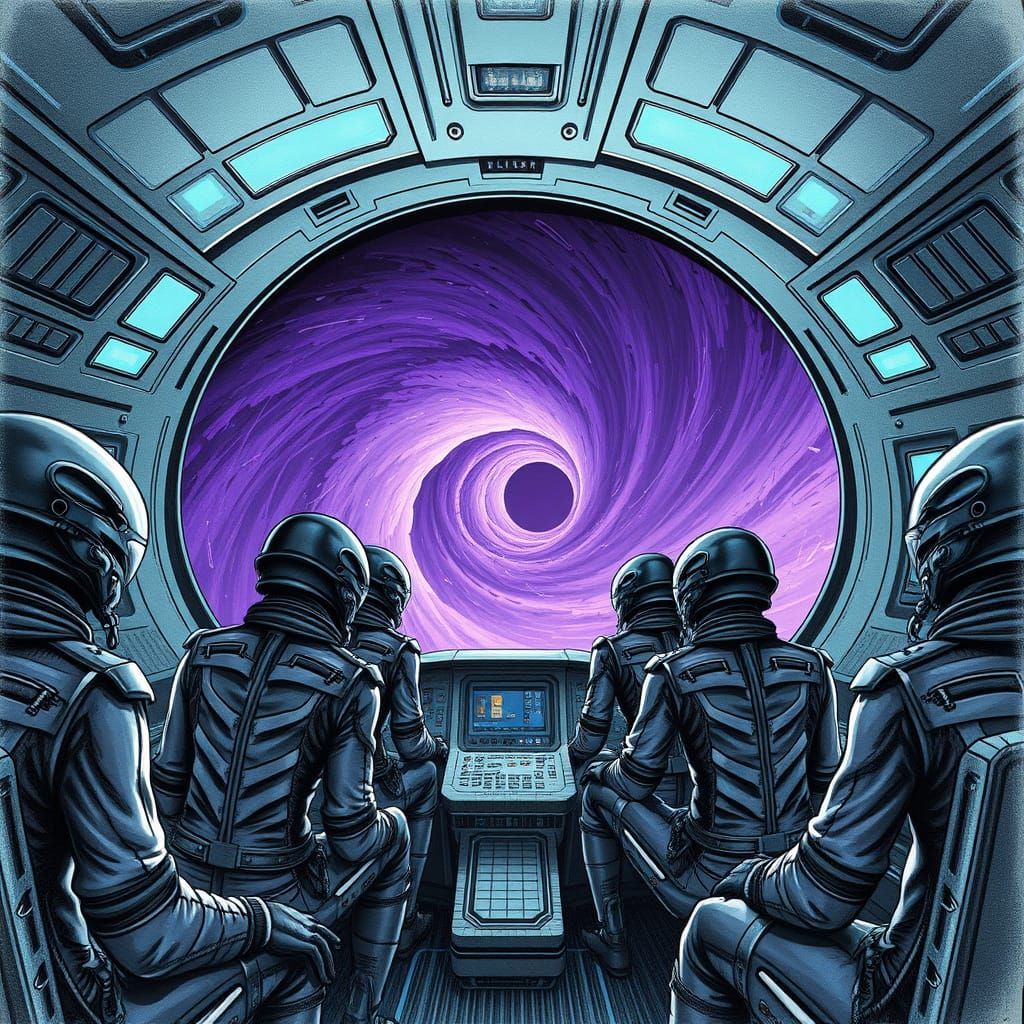 alien crew aboard his flying saucer  in the space preparing for a mission through a wormhole