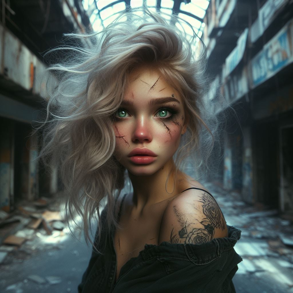 Fallout Tabletop RPG Character. Young woman tangled blond hair, green eyes, pale, scars and tatoo. dark perfecto. chubby...