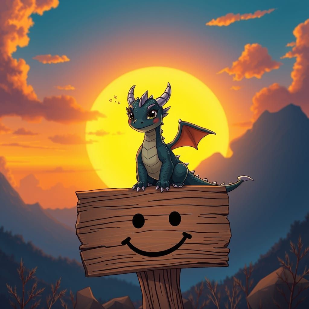Happy Dragon Sits on Wooden Sign with Bright Fantasy Sunset