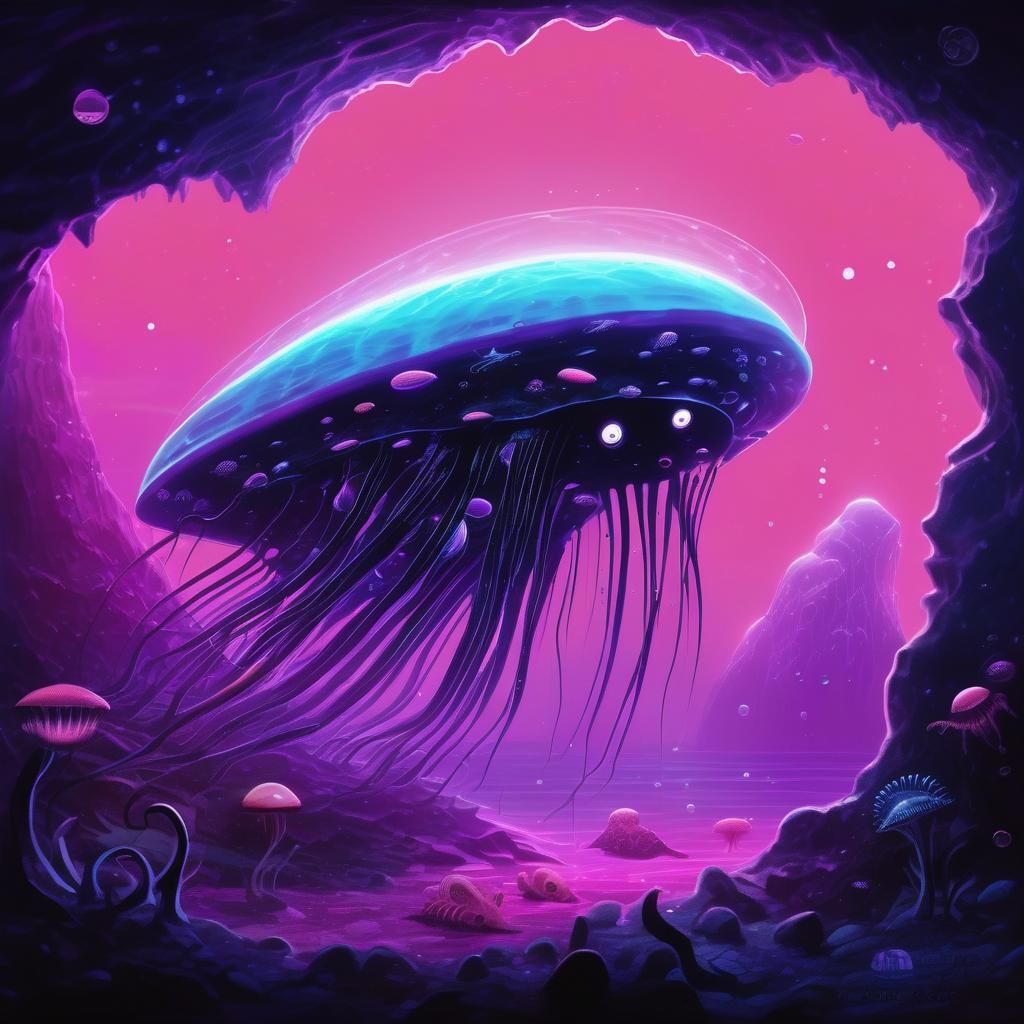 Otherworldly alien exoplanet, neon_blacklight/ dark_deep-sea...