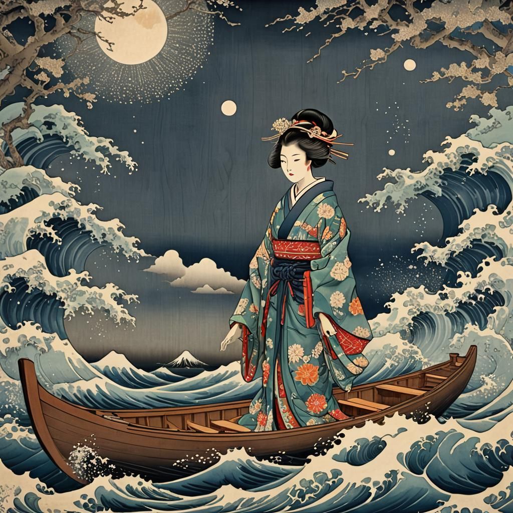 Traditional Japanese ukiyo-e style depicting a harmonious scene with woman adorned in vibrant, patterned ...  by @Gaby