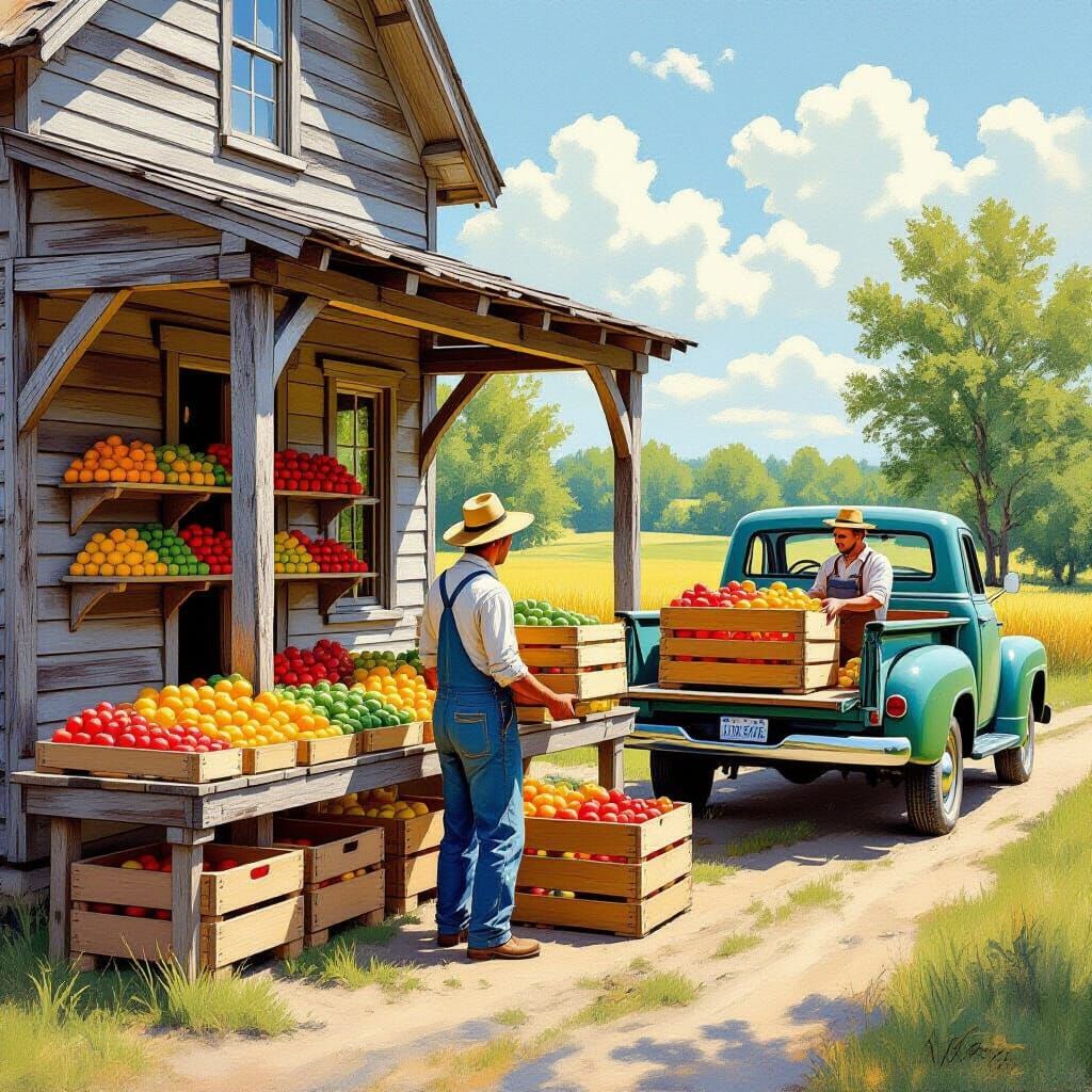 A rustic farm scene with a wooden house and a wooden porch. On the side, a traditional wooden shelf with ...  by @Jorge Ernesto Castro Alas