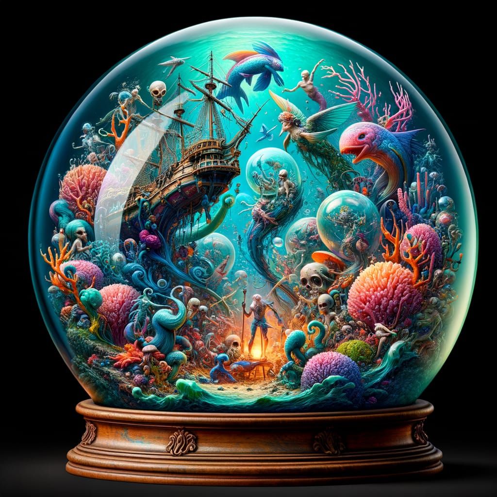 Stylized ocean scene within a hand-blown glass globe.