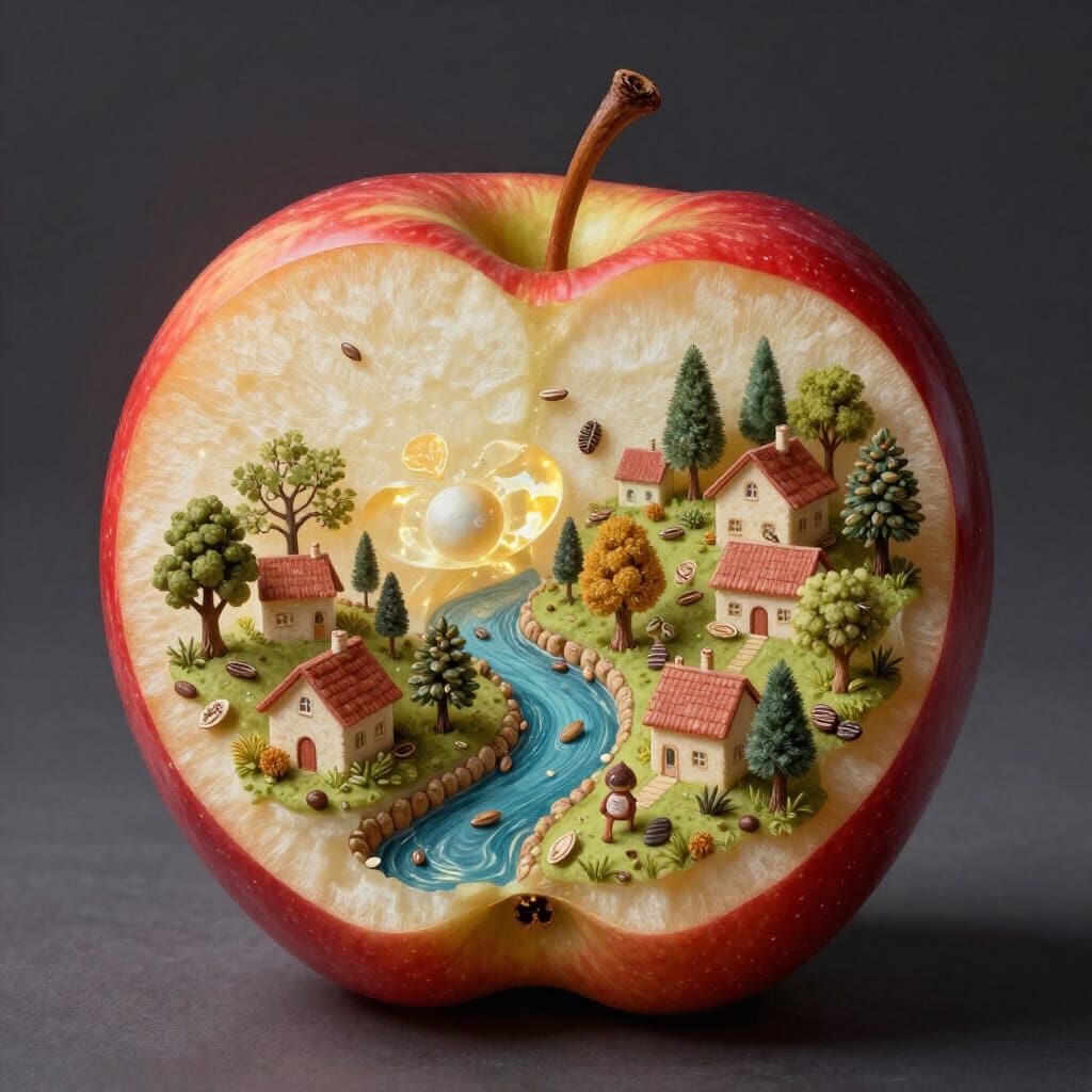 Miniature World Inside an Apple: Hyperrealistic Digital Art