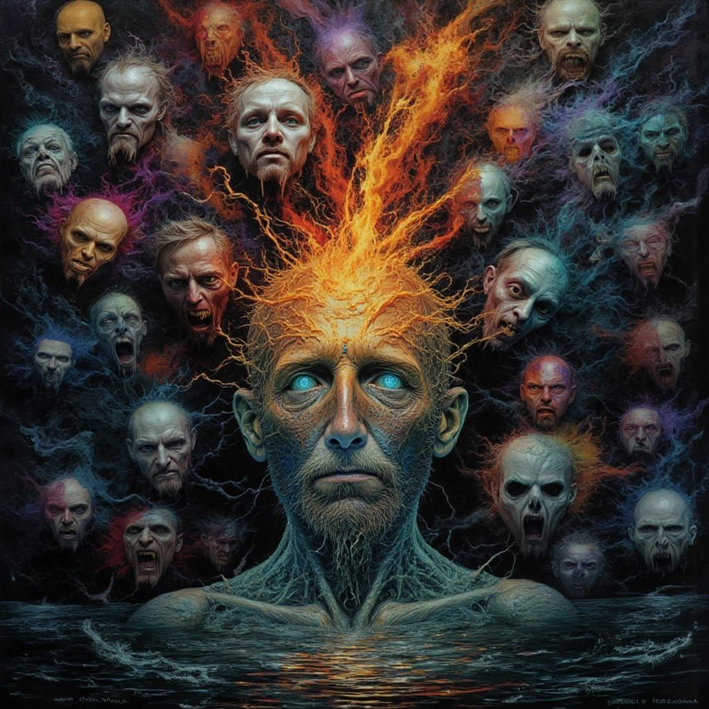 Binary code ASCII art, A mindscape where thoughts manifest as different feelings expressed on faces that grow from A single, serene human fa...