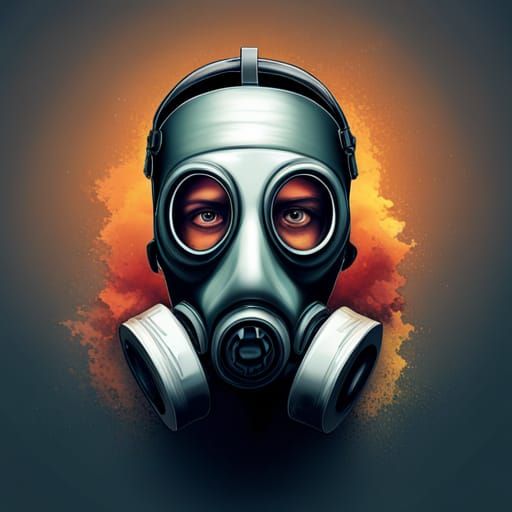 gas mask with eyes and mouth shining and smoke coming from i...