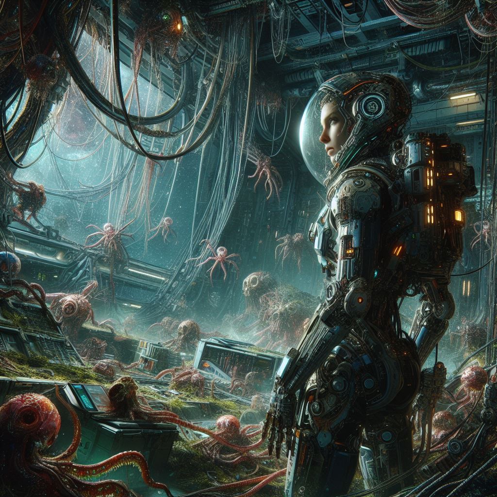 A cybernetically-enhanced astronaut exploring a derelict space station overrun by alien flora and fauna ...  by @Artless