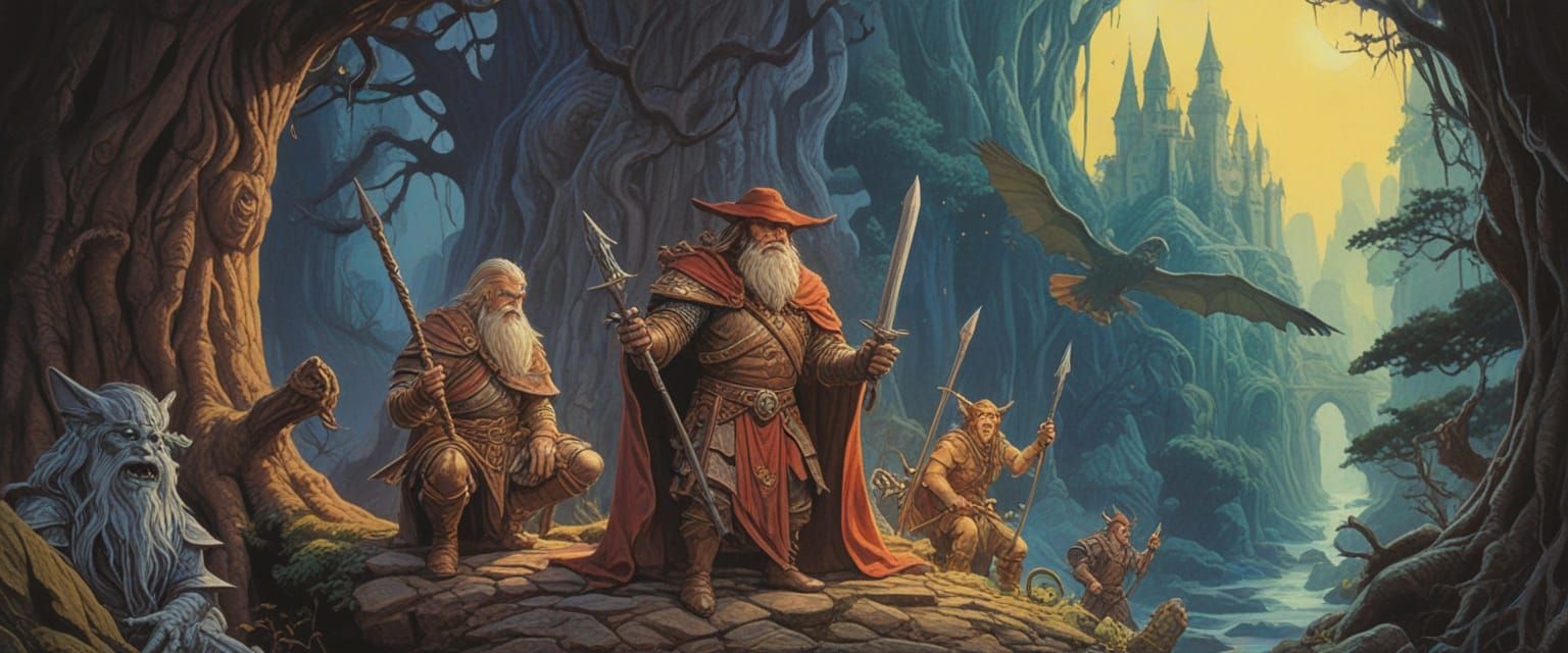 A Fantasy Scene, Dungeons & Dragons, Retro Comic Book Style, Gouache, Watercolor, Brian Froud, Brothers Hildebrandt, Boris Vallejo, Moebius,...