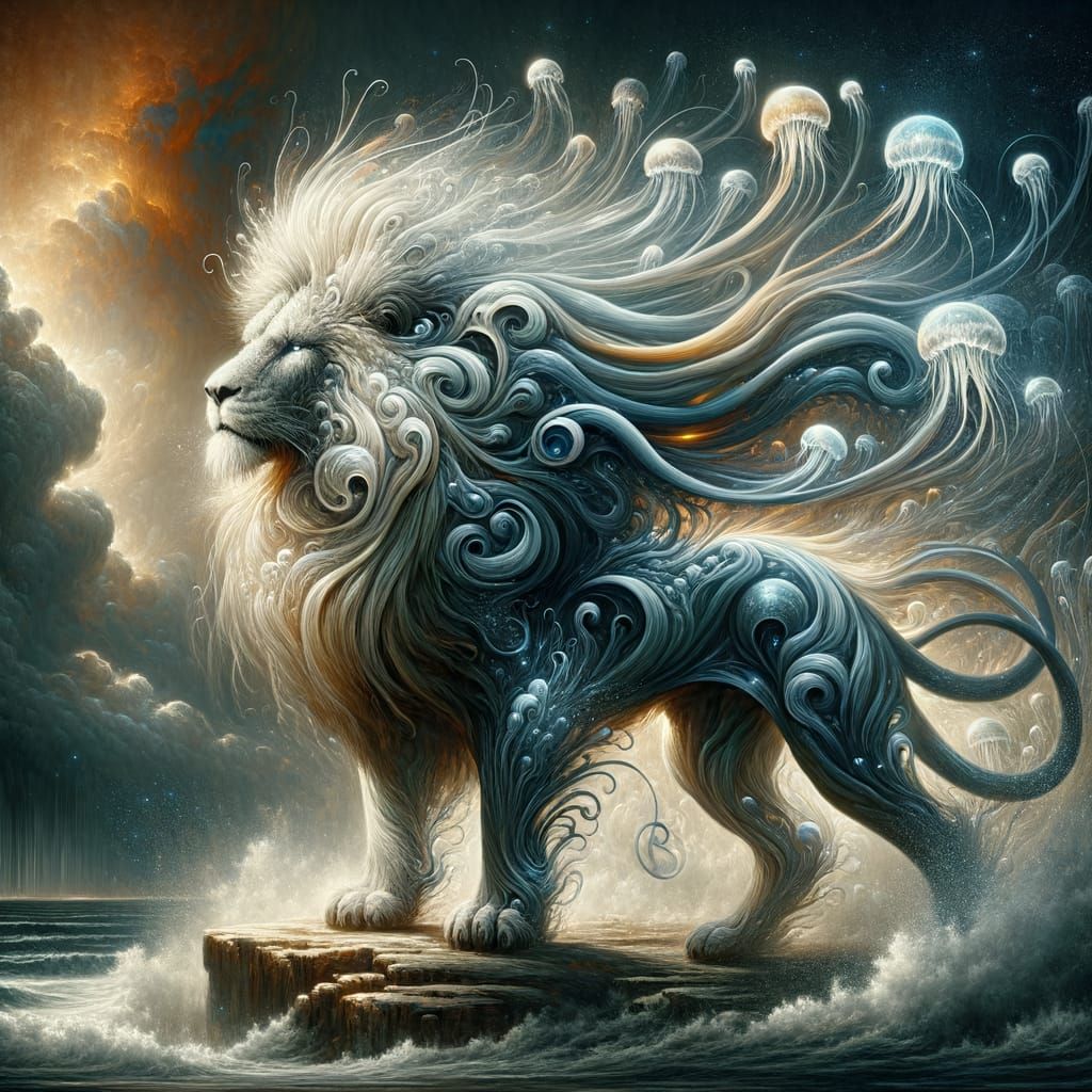 A majestic lion, but its mane is composed entirely of vibrant, swirling jellyfish tentacles, pulsing with bioluminescent light. The lion sta... - Start Image 2
