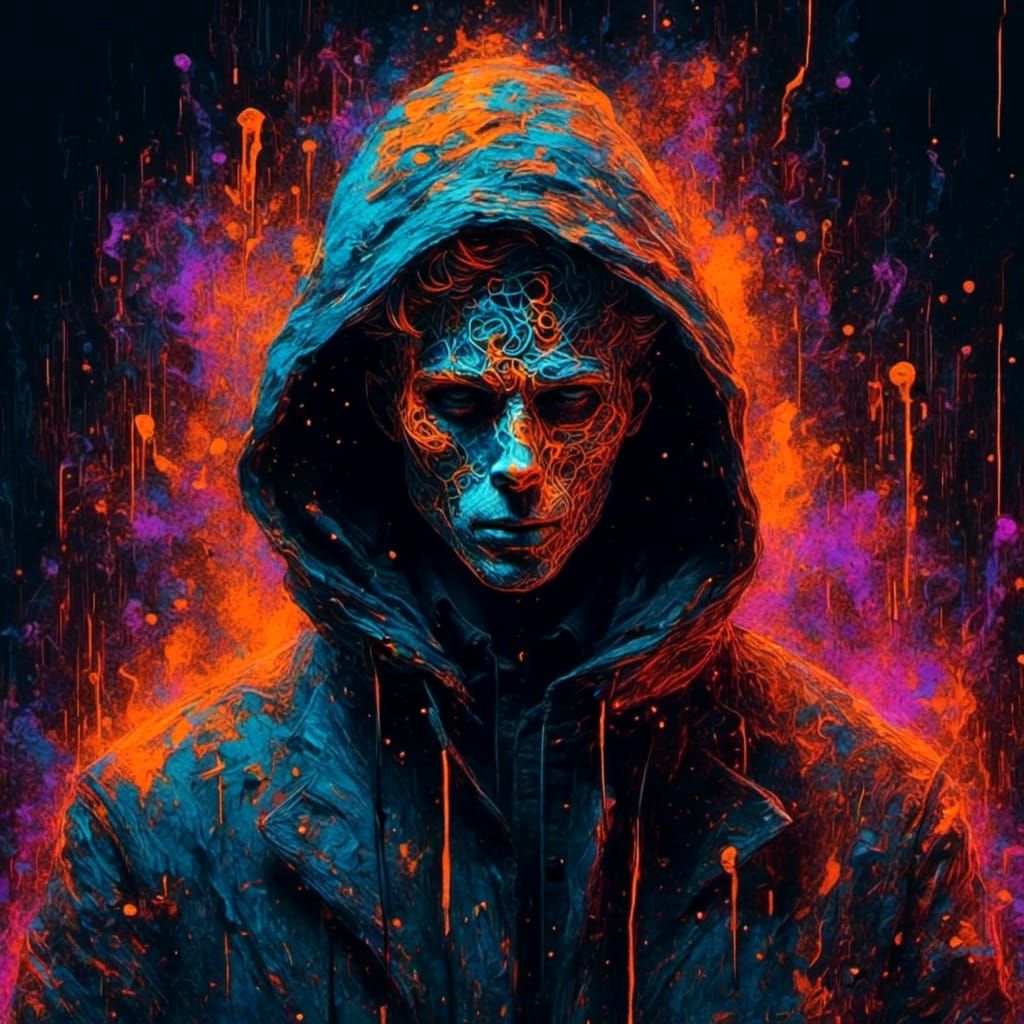  <lora:Fury2:1.0> hooded guy engulfed in neon, pastel