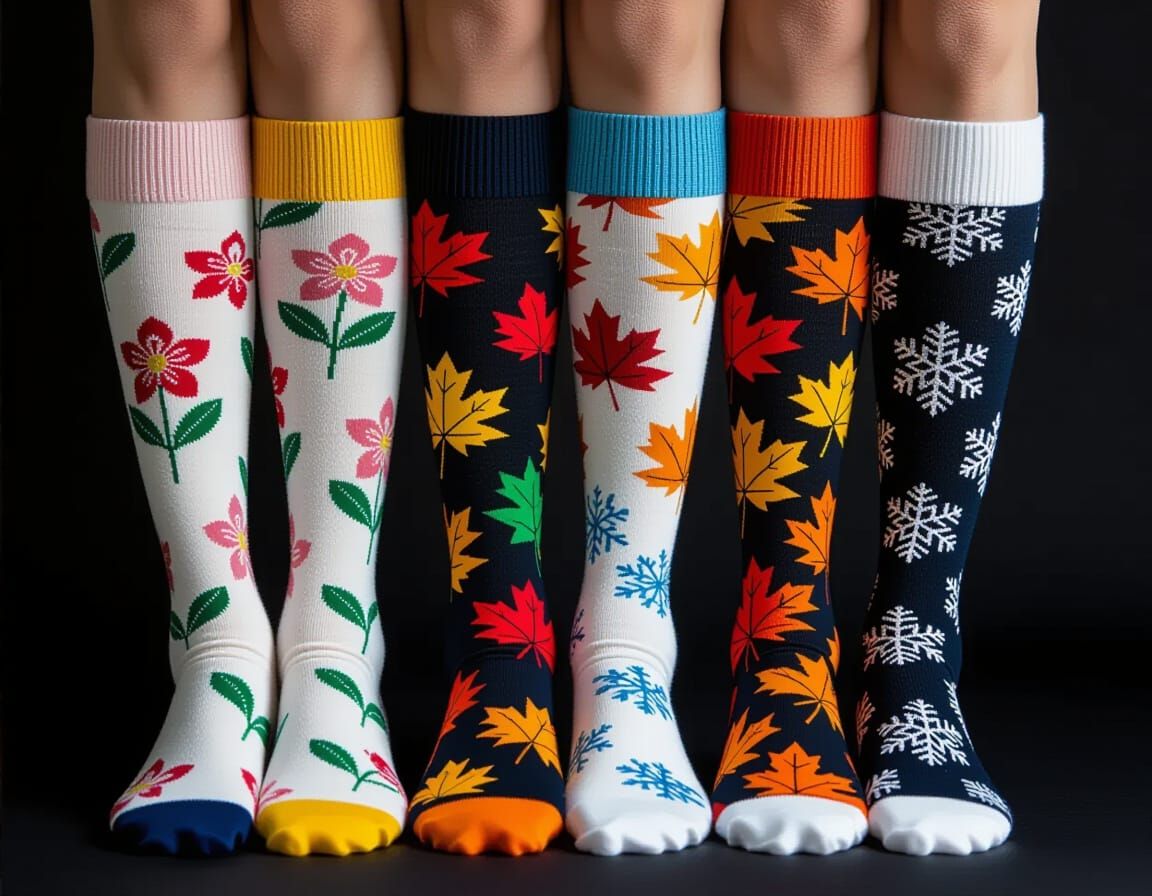 Three pairs of womans legs wearing knee-length socks representing one of the four seasons  by @Fokje