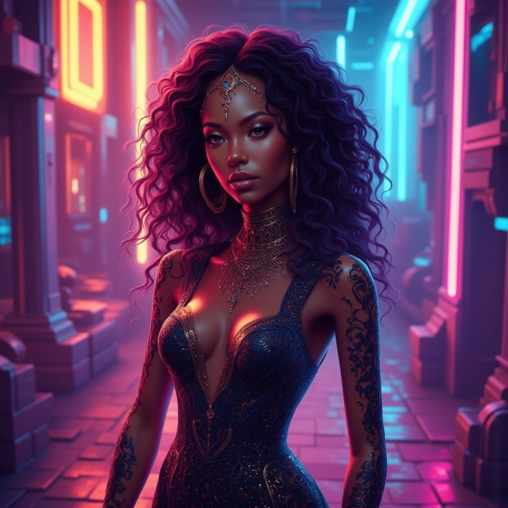 Neon Lace Dress with curls on a woman lean with mean streaks   <lora:Trifecta:1.0>