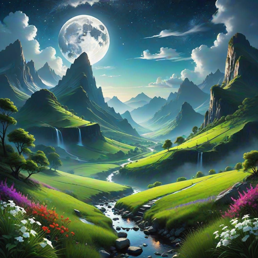 Fantastical Moonlit Landscape with Vibrant Valley