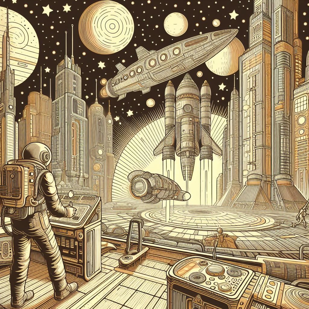 1950s retro sci fi line art