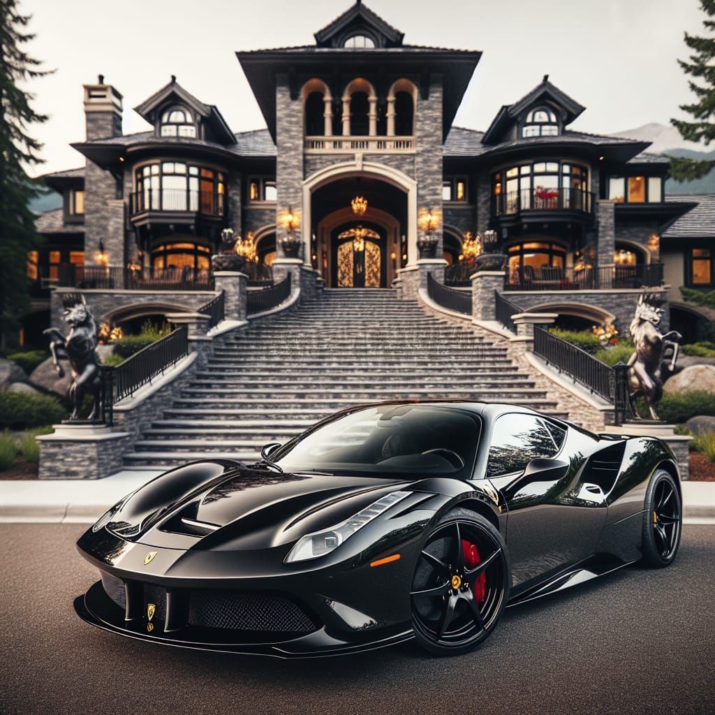 Sleek Black Ferrari Parked Before Extravagant Mansion