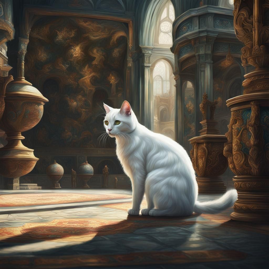 Mysterious white cat HIDING IN A museum, oils with brushstro...