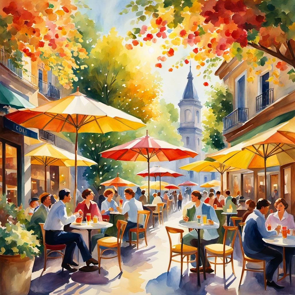 Ein gemütliches Café mit Leuten, die unter bunt dekorierten Sonnenschirmen sitzen und an einem sonnigen ...  by @Miss Wunderlich