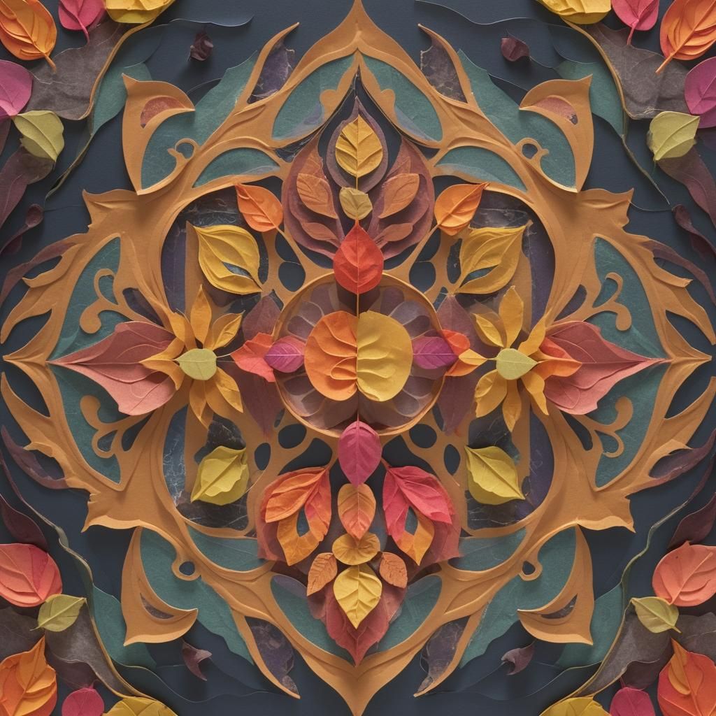A colorful collage of layered paper leaves in different shap...