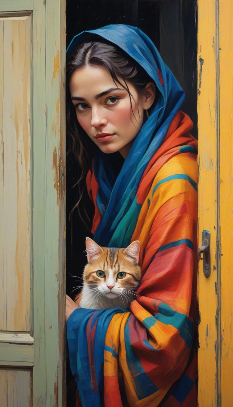 In the style of Edward Munch, and Henri Matisse  
A small cottage door is open and held by a bent lady ...  by @Jerri