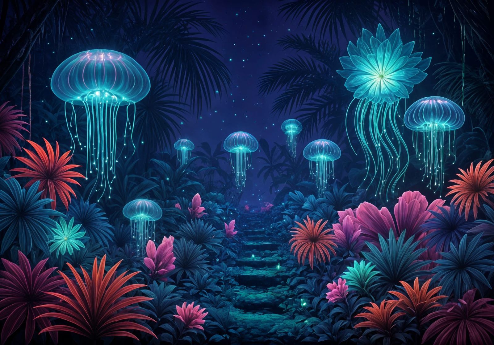 Beneath a deep indigo sky, an alien jungle pulses with life as fluorescent plants and glowing creatures ...  by @PEV