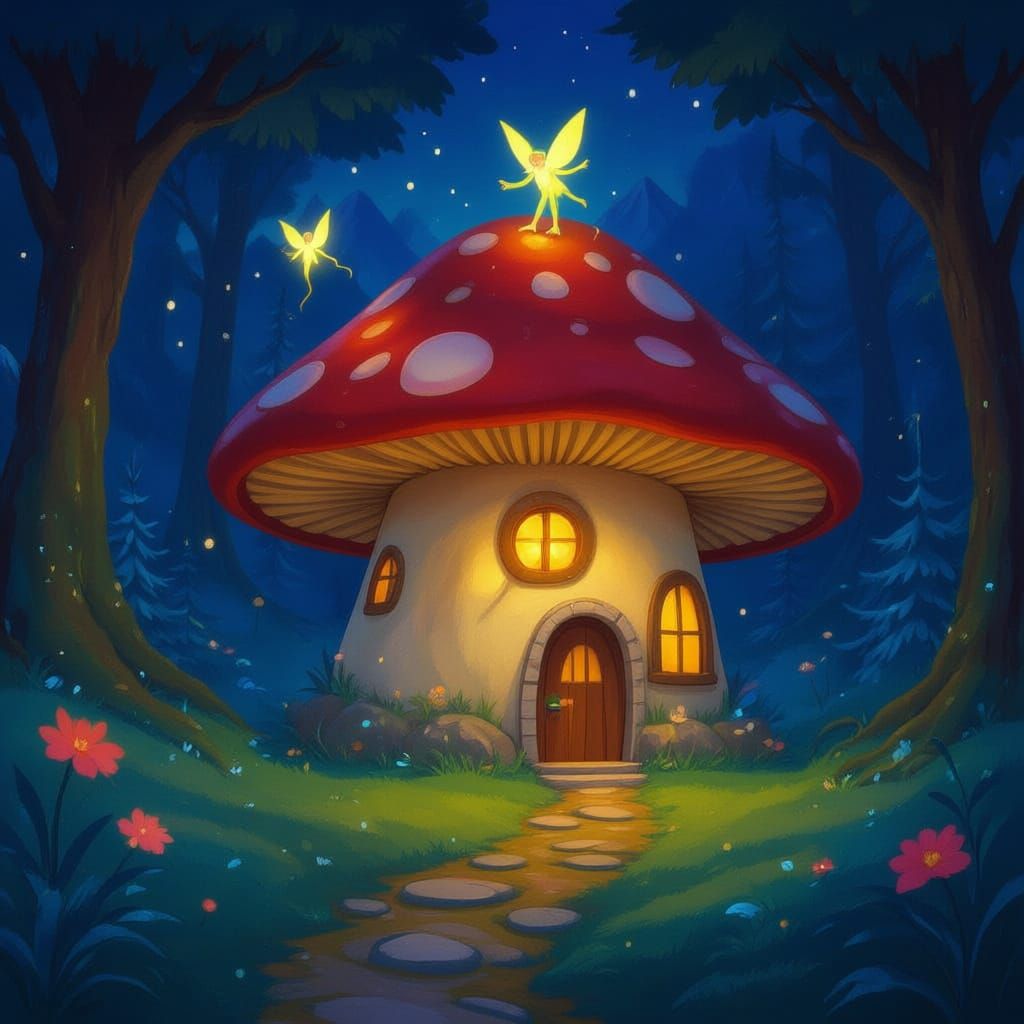 A whimsical mushroom house nestled in a vibrant, bioluminescent forest at twilight. Tiny, glowing sprites flit around its cap, and a winding...