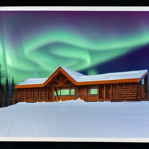 1968 Alpine A-Frame Ski Lodge at night Aurora Borealis isome...