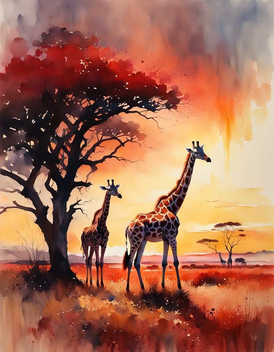 Two giraffes standing in a semi-arid savannah setting - African trees - low deep red setting sun on the ...  by @Ex-Nihilo