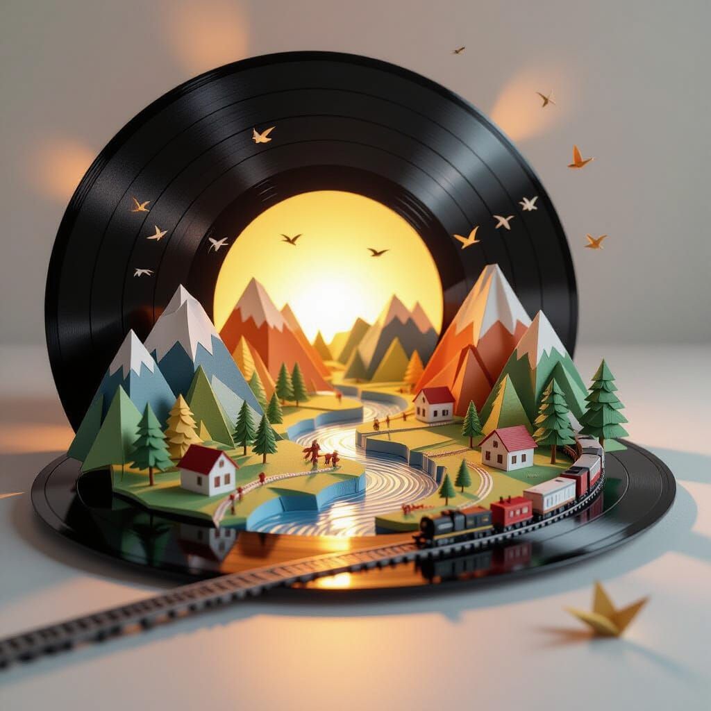 A surreal, hyperdetailed scene of a vinyl record transformed into a miniature paper world in origami style. The black grooves of the record ...