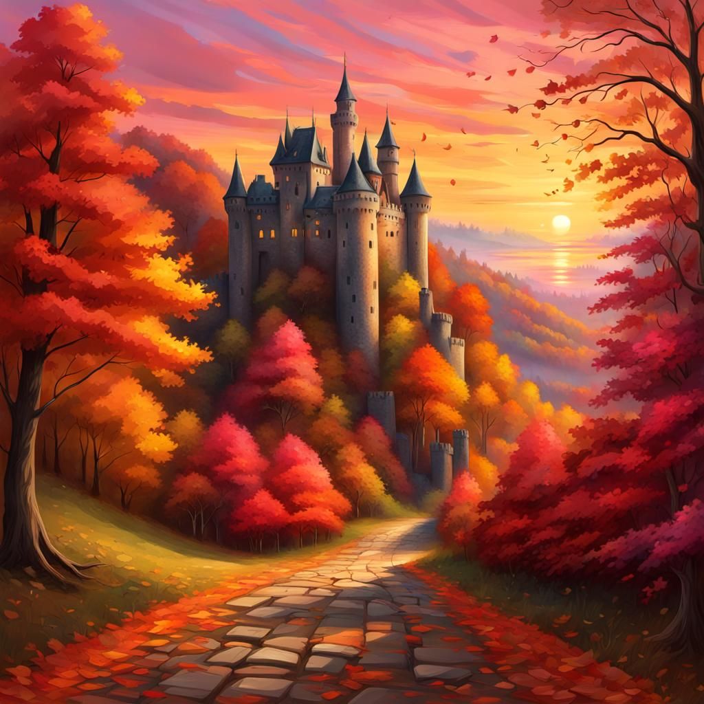 Brilliant colored sunset, against a lane of autumn forest wi...