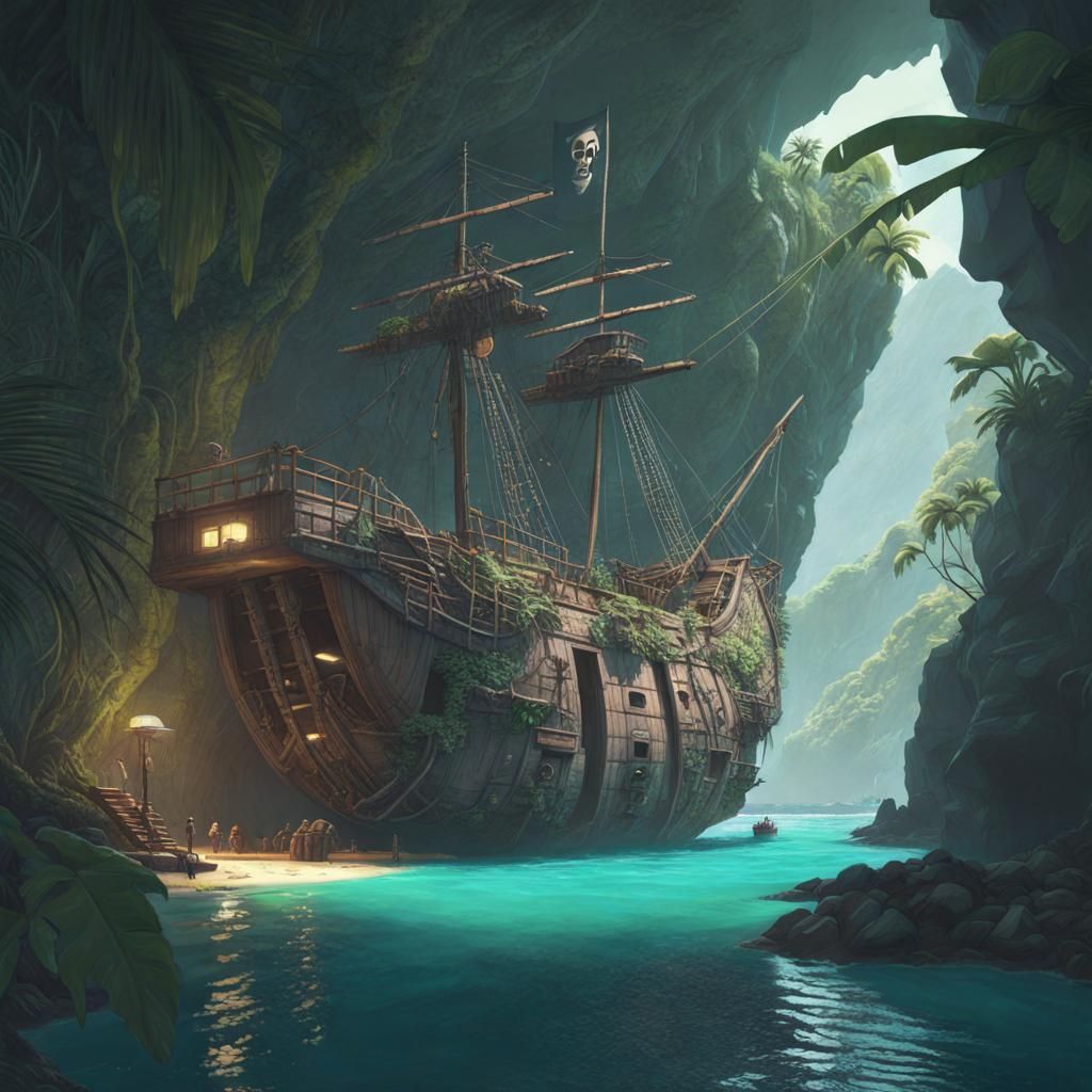 South Pacific secret cave pirate hideout, waterway and pirate ship, by Simon Stålenhag Beautiful, natural ...  by @Mapleaf100color