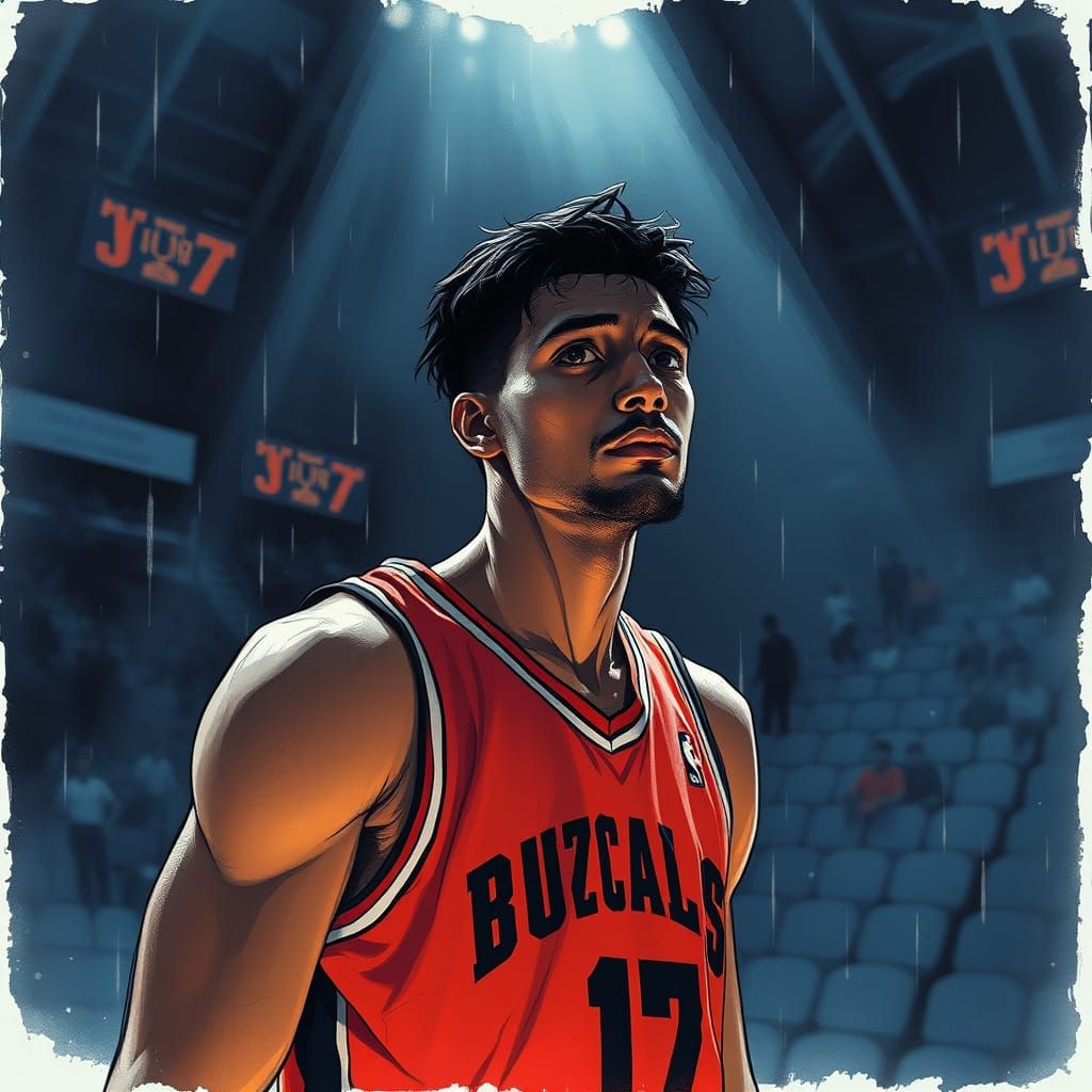 ink speedpaint! Medium view of a Basketball player in an overcrowded hall. Wet and concentrate. high courage visible in the eyes. Free shot ...