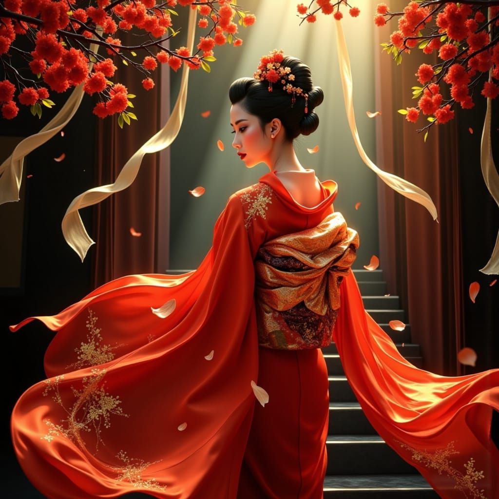 Elegant Geisha in Crimson Kimono on Ornate Stairs