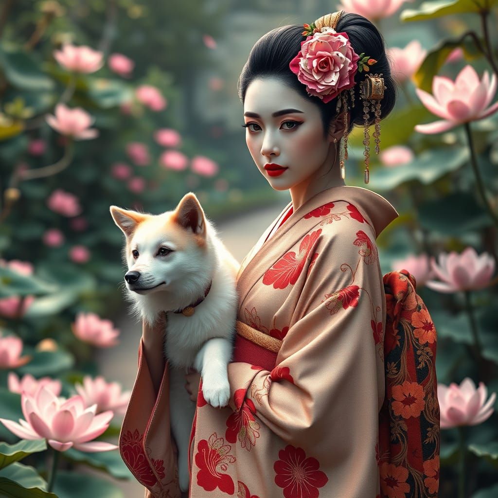 Aika and Kuma in a peaceful lotus garden