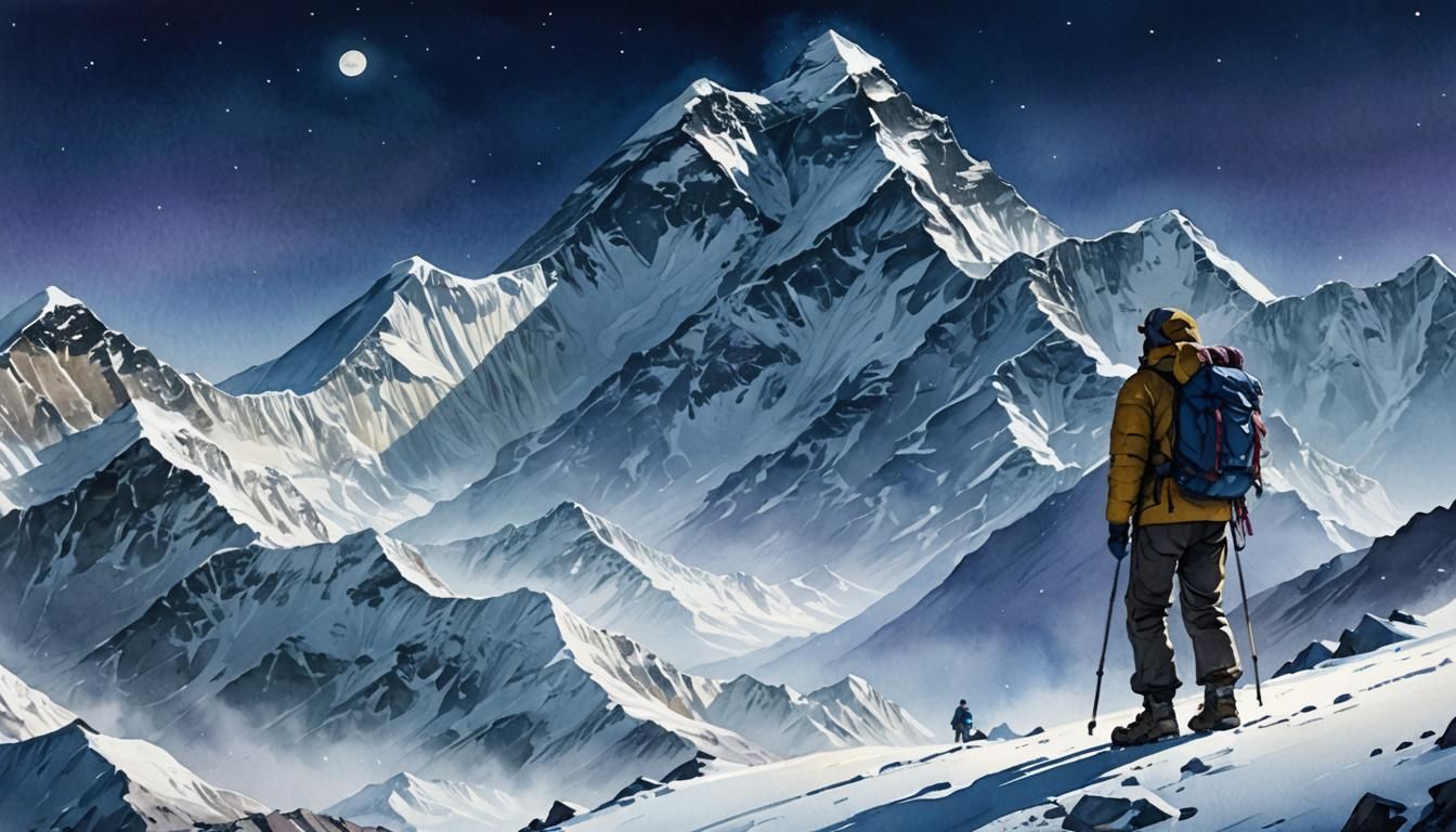 Everest moonlight watercolor Cinematic film still, shot on v...