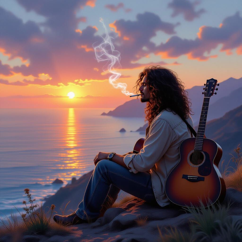 Young Hippie Man with Guitar Gazing at Sunset
