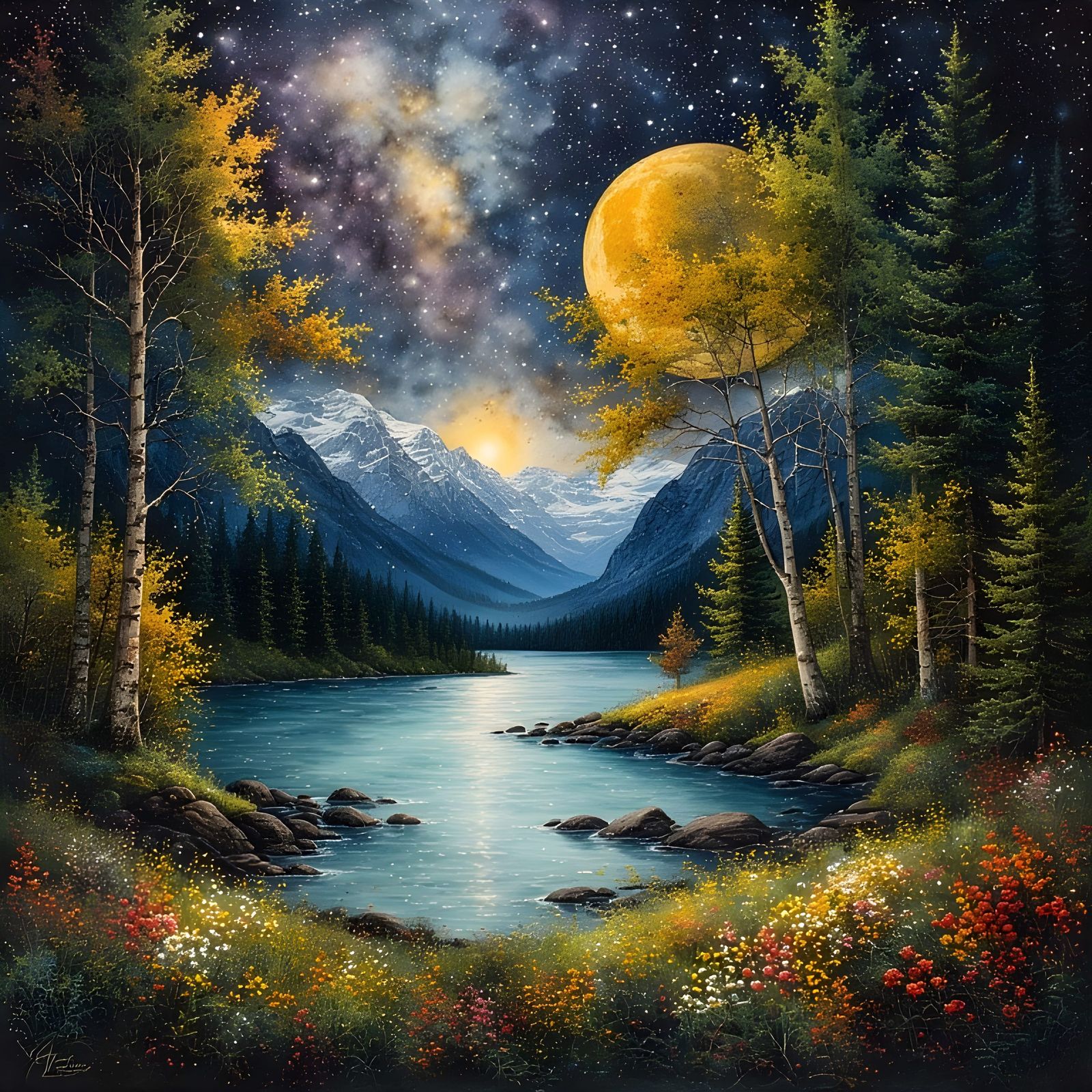 Mountain Lake Nocturne ~ Watercolor  by @Dryheat