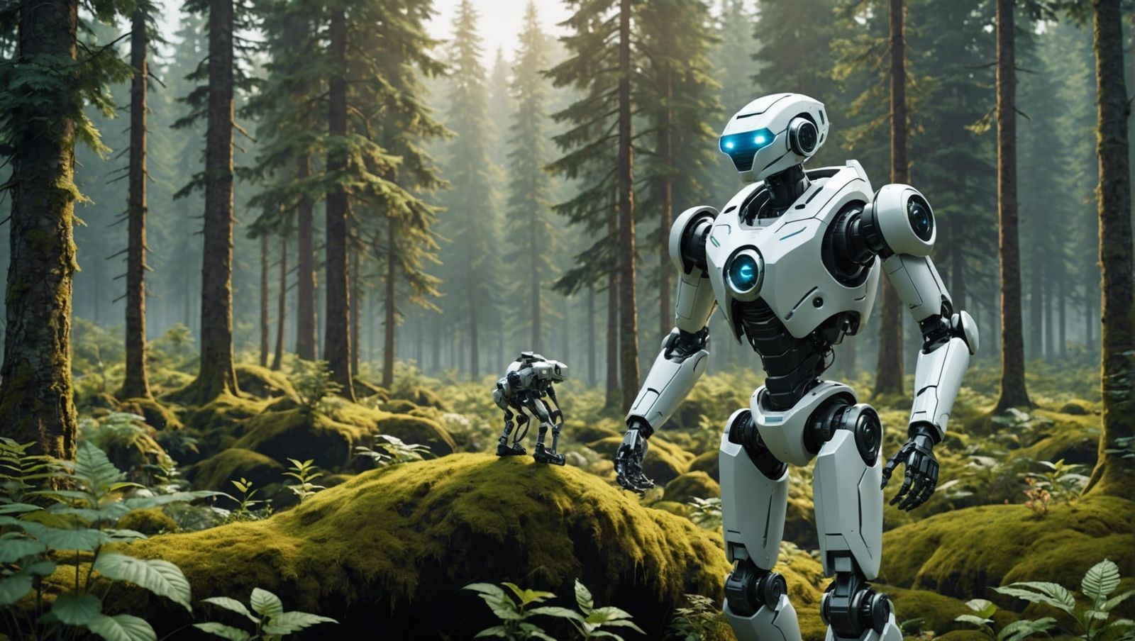 Futuristic robot living harmoniously alongside flourishing f...