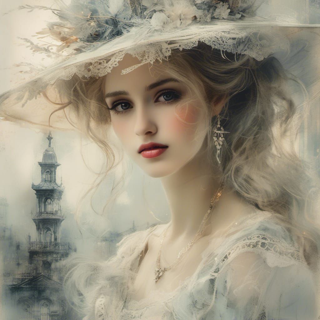 <lora:Elegance in Black:1.0>  In the style of Peggy Rockey, shabby chic woman on country porch overlooking ...  by @Pjrockey