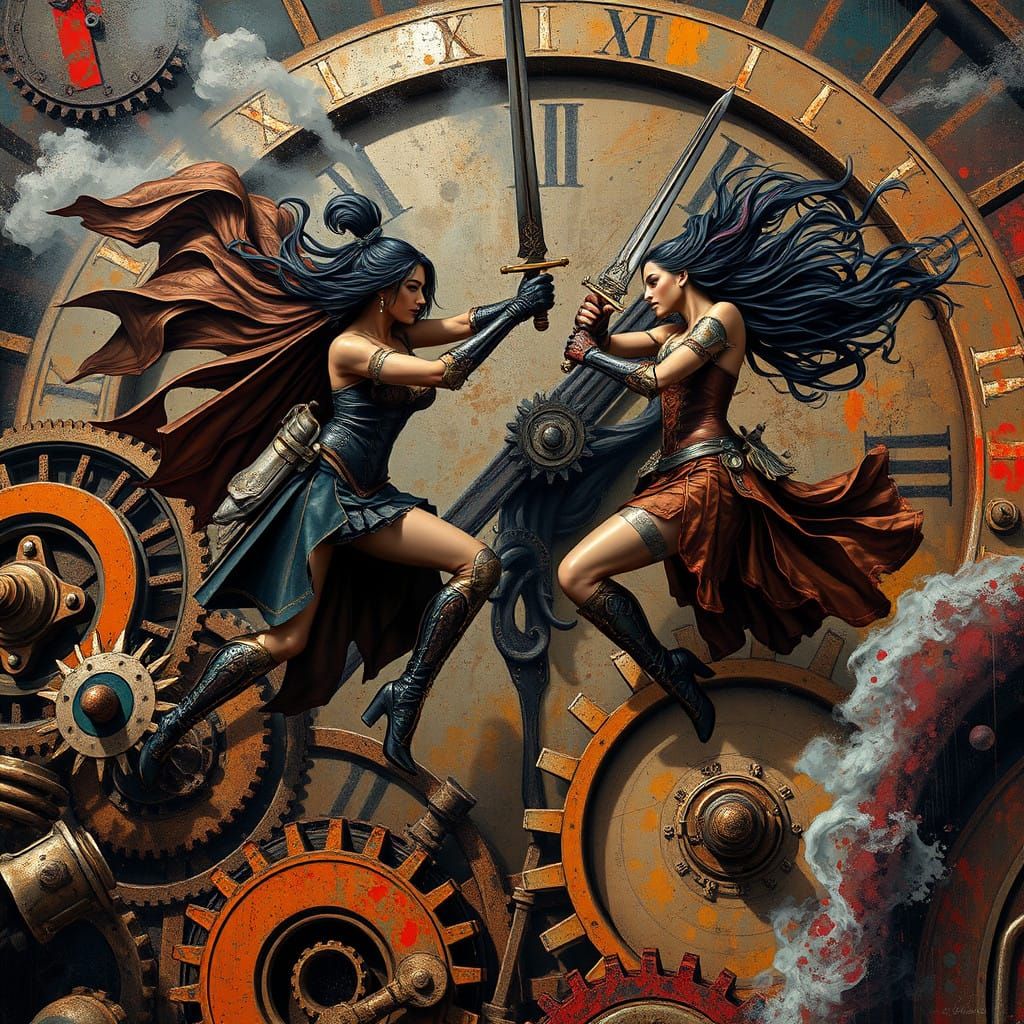 steampunk duel on the cogs of a clocktower